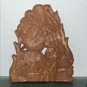 Source Unknown Brown Hand-Carved Tropical Village Wood Wall Art